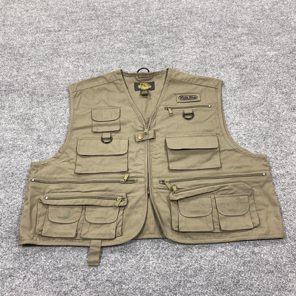 White River Fly Shop Vest Mens Medium Beige Canvas Fishing Zip Pockets